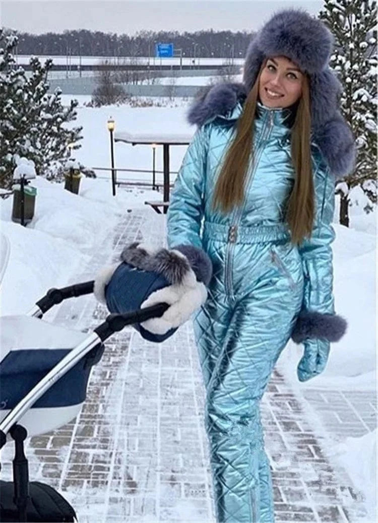 Fur Hooded Ski Jumpsuit Women Winter Long Sleeve Cotton Padded Coat Slim Fit Quilted Parka Zip Up One Piece Snowsuit