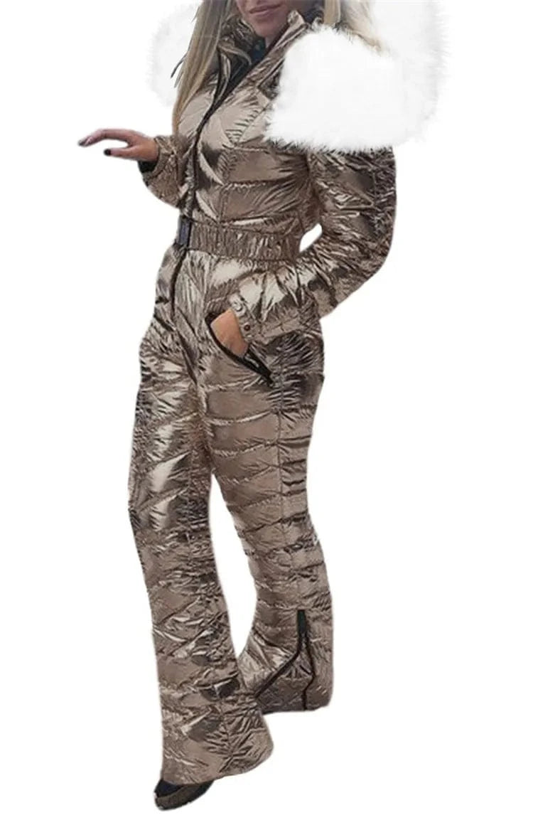 Fur Hooded Ski Jumpsuit Women Winter Long Sleeve Cotton Padded Coat Slim Fit Quilted Parka Zip Up One Piece Snowsuit