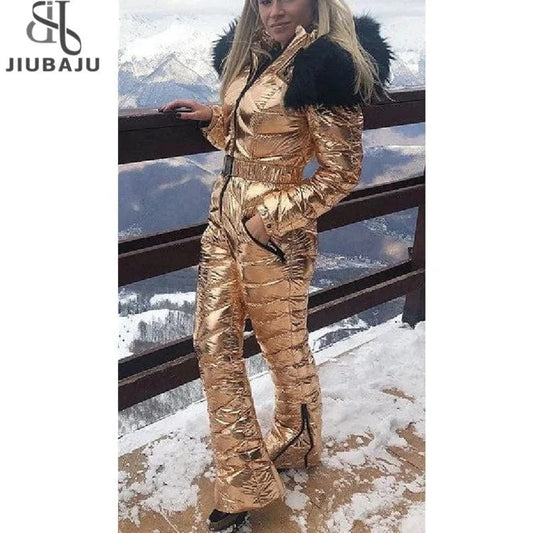 Fur Hooded Ski Jumpsuit Women Winter Long Sleeve Cotton Padded Coat Slim Fit Quilted Parka Zip Up One Piece Snowsuit