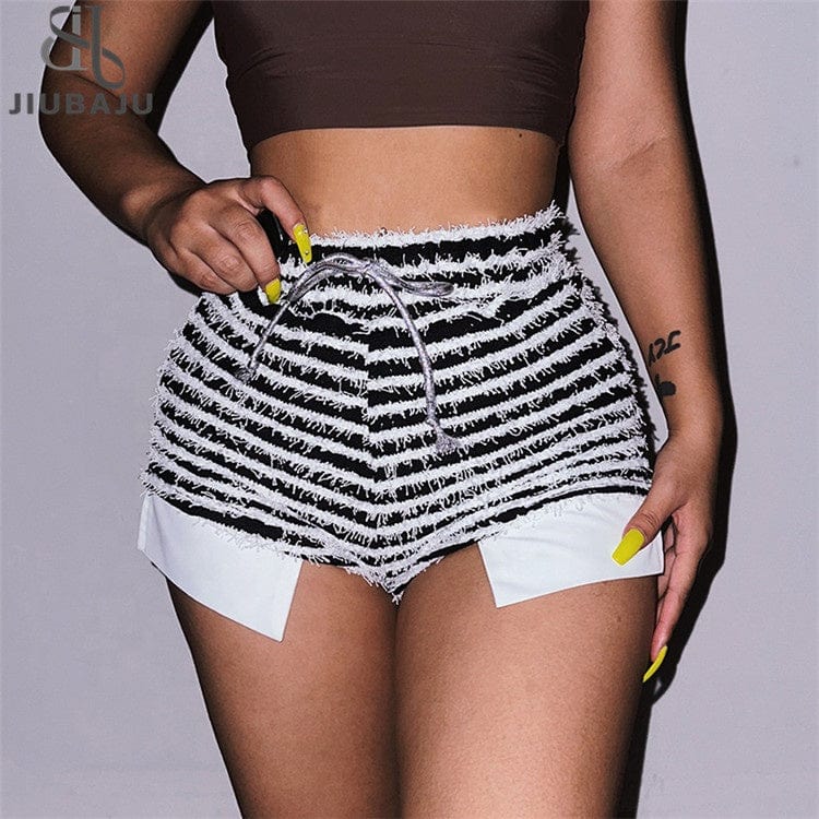 Furry Sexy Y2K Clothes High Waist Stripe Shorts Pant For Women Club Korean Fashion Fur Shorts