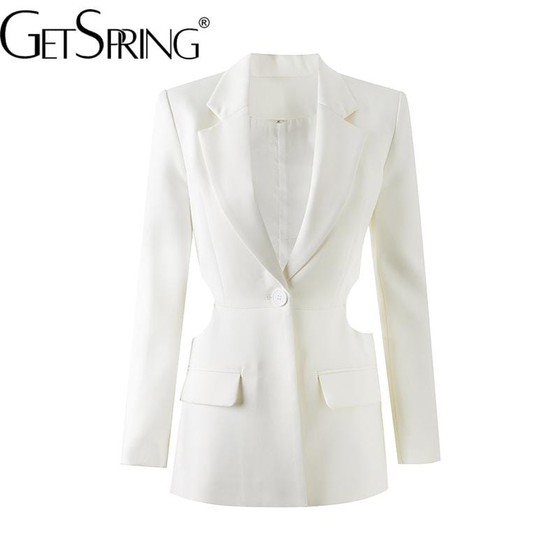 Getspring Women Blazer Autumn Hollow Out White  Women Blazers And Jackets Irregular Vintage Sexy Womens Blazers Long Sleeve 2022