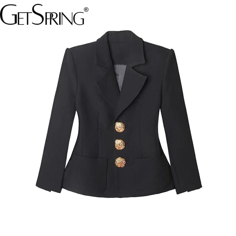 GetSpring Women Blazer Black Gold Single Breasted Long Sleeve Ladies Black Suit Coat Vintage Women's Slim Suit Jacket 2022 New