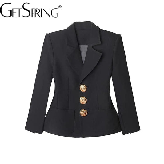 GetSpring Women Blazer Black Gold Single Breasted Long Sleeve Ladies Black Suit Coat Vintage Women's Slim Suit Jacket 2022 New