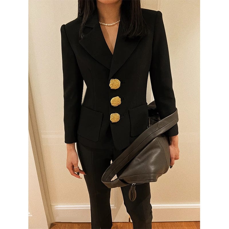 GetSpring Women Blazer Black Gold Single Breasted Long Sleeve Ladies Black Suit Coat Vintage Women's Slim Suit Jacket 2022 New