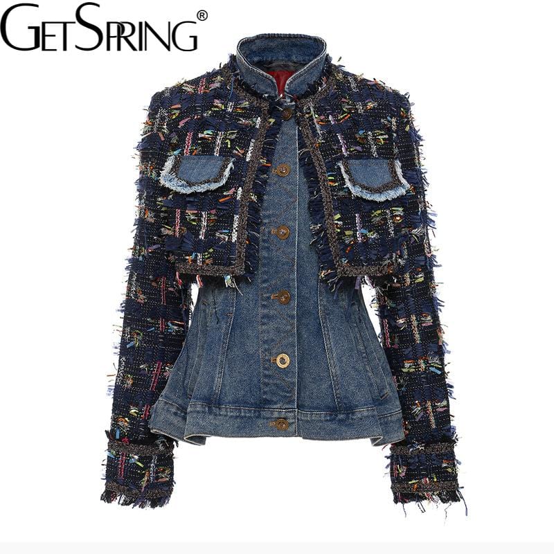 Getspring Women Denim Coat Vintage Removable Fake Two Ladies Jean Jacket Fashion All Match Female Tops Autumn Winter 2022 New