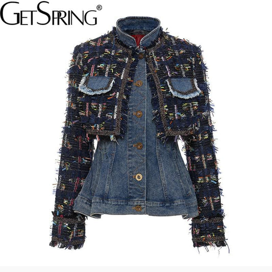 Getspring Women Denim Coat Vintage Removable Fake Two Ladies Jean Jacket Fashion All Match Female Tops Autumn Winter 2022 New