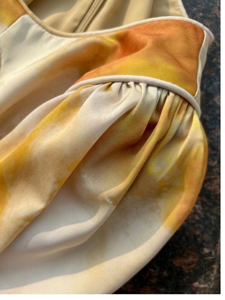 Getspring Women Dress 2022 Vintage Round Neck Lantern Sleeve Hollow Out High Waist Large Hem Long Printed Golden Party Dress