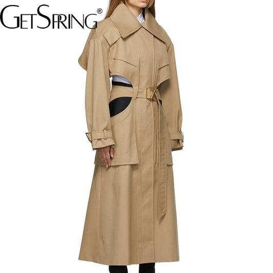 Getspring Women Trench Coat Patchwork Bandage Hollow Out Khaki Windbreaker Irregular Vintage Long Autumn Winter Overcoat 2022