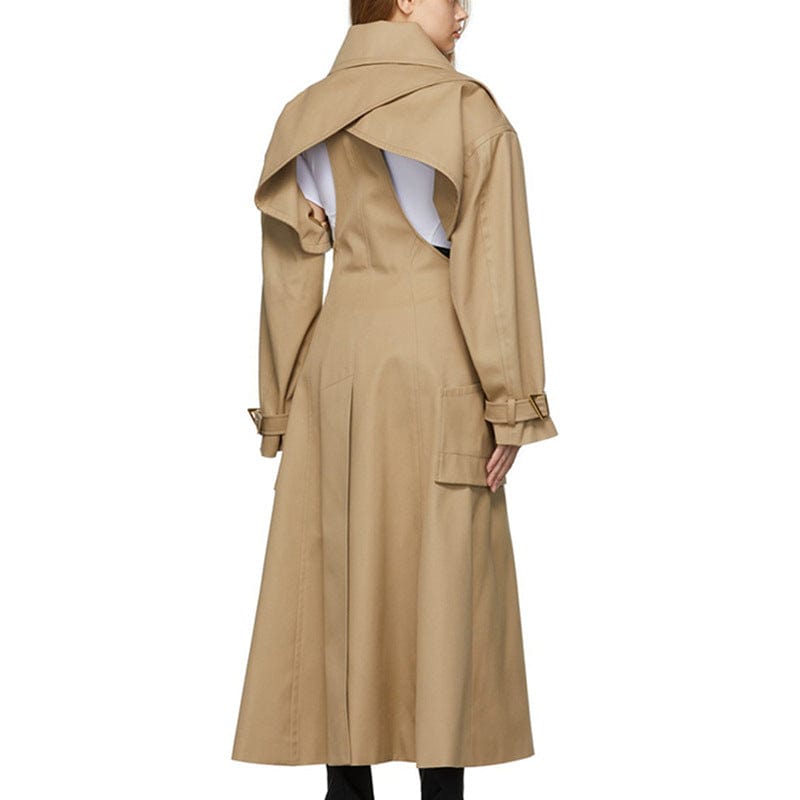 Getspring Women Trench Coat Patchwork Bandage Hollow Out Khaki Windbreaker Irregular Vintage Long Autumn Winter Overcoat 2022