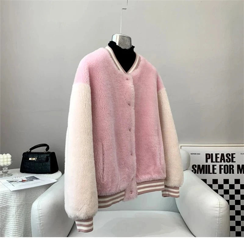 Girl's Sheep Shearling Baseball Warm Coats Female Lamb Wool Fur Sporty Jacket Winter Overcoat JT3268