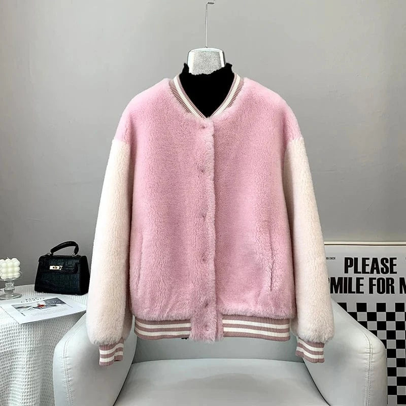 Girl's Sheep Shearling Baseball Warm Coats Female Lamb Wool Fur Sporty Jacket Winter Overcoat JT3268