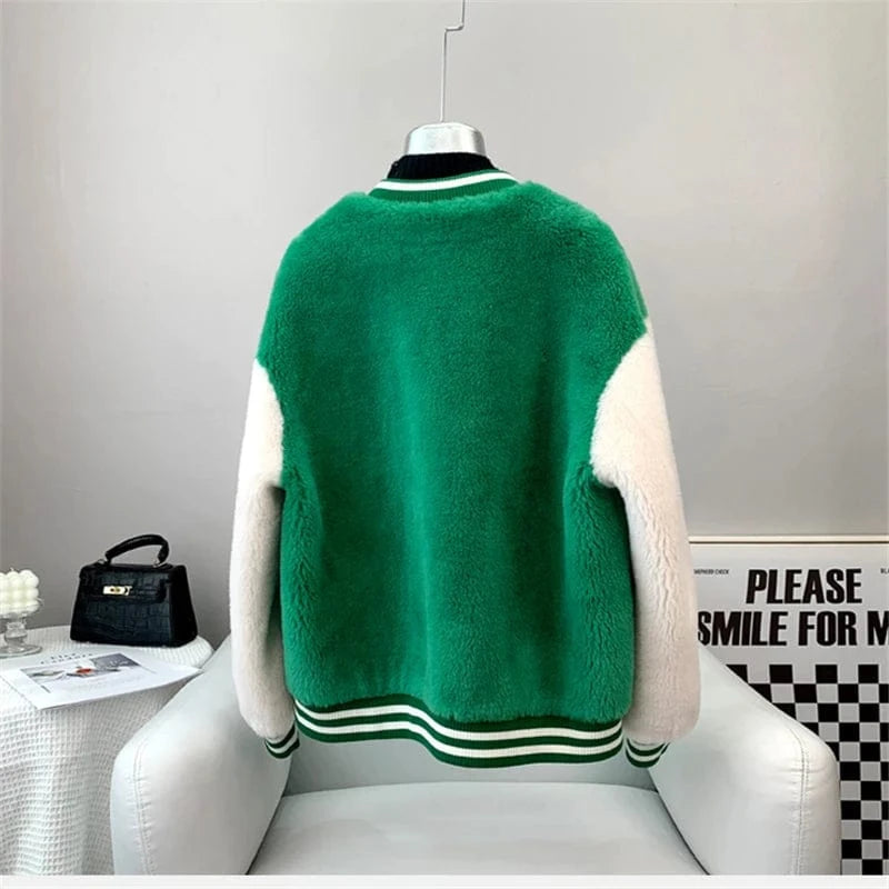 Girl's Sheep Shearling Baseball Warm Coats Female Lamb Wool Fur Sporty Jacket Winter Overcoat JT3268