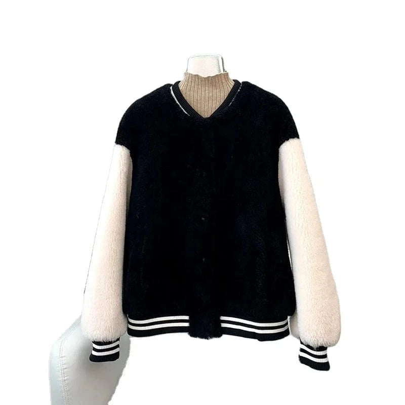 Girl's Sheep Shearling Baseball Warm Coats Female Lamb Wool Fur Sporty Jacket Winter Overcoat JT3268