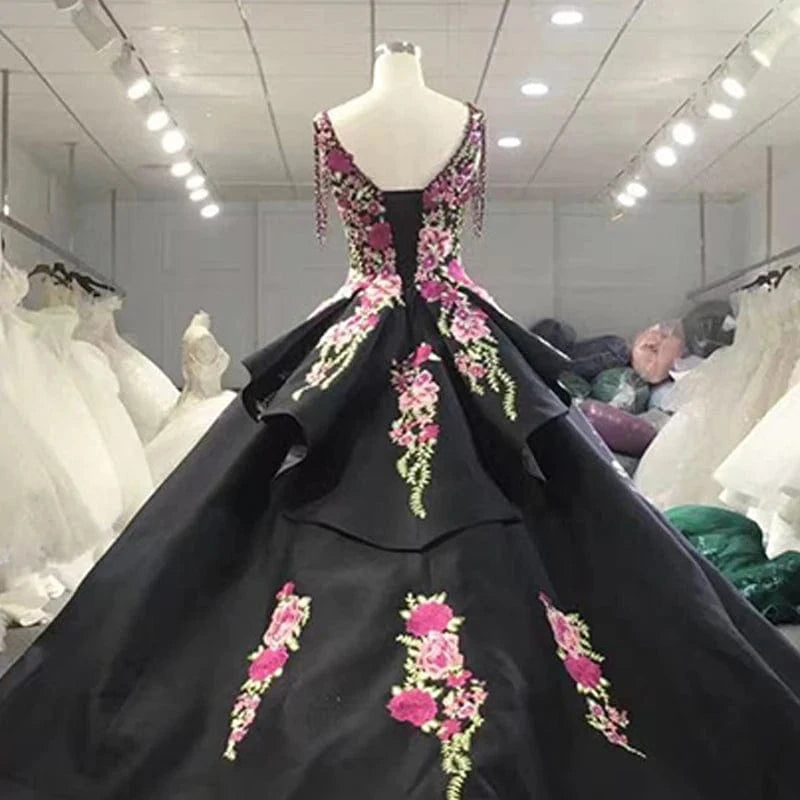 Glamorous Black Flower Prom Party Gowns For Evening Dresses Jancember 9802-1