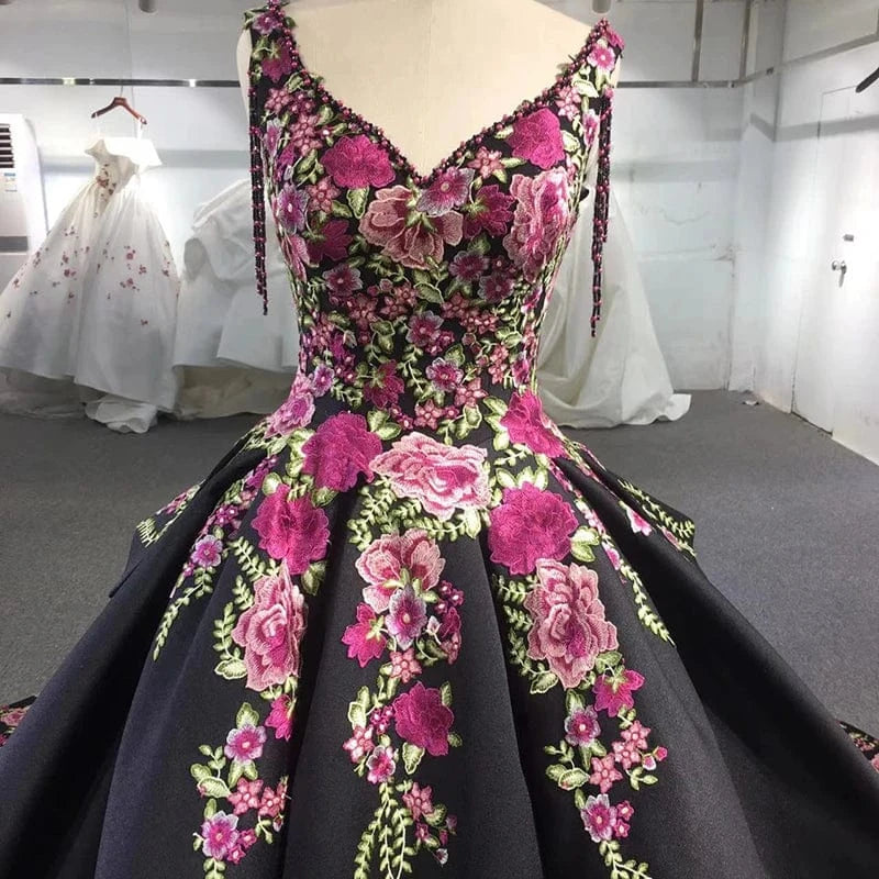 Glamorous Black Flower Prom Party Gowns For Evening Dresses Jancember 9802-1