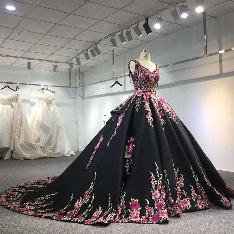 Glamorous Black Flower Prom Party Gowns For Evening Dresses Jancember 9802-1