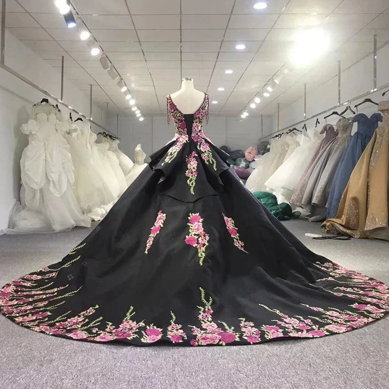 Glamorous Black Flower Prom Party Gowns For Evening Dresses Jancember 9802-1