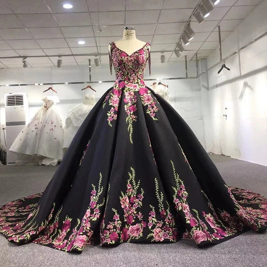 Glamorous Black Flower Prom Party Gowns For Evening Dresses Jancember 9802-1