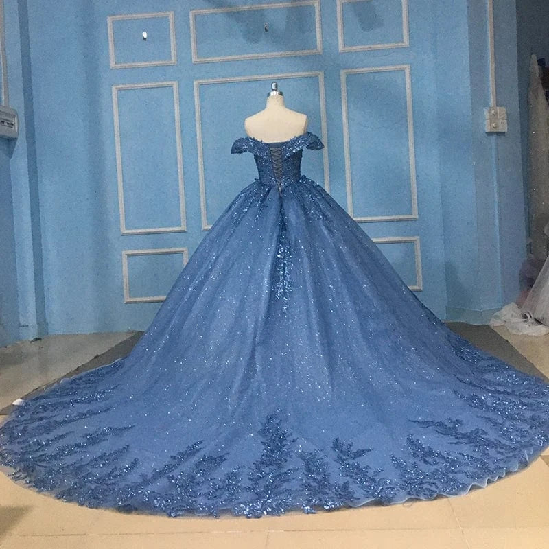 Glitter Elegant Blue Off Shoulder Bridal Ball Gown Evening Dress Jancember 9789-1