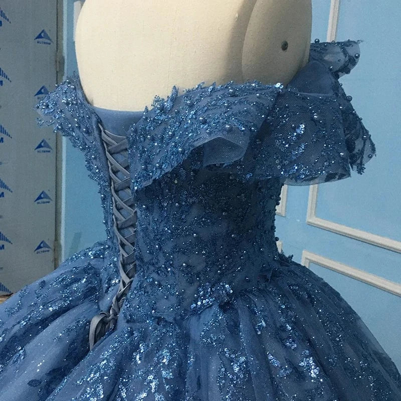 Glitter Elegant Blue Off Shoulder Bridal Ball Gown Evening Dress Jancember 9789-1