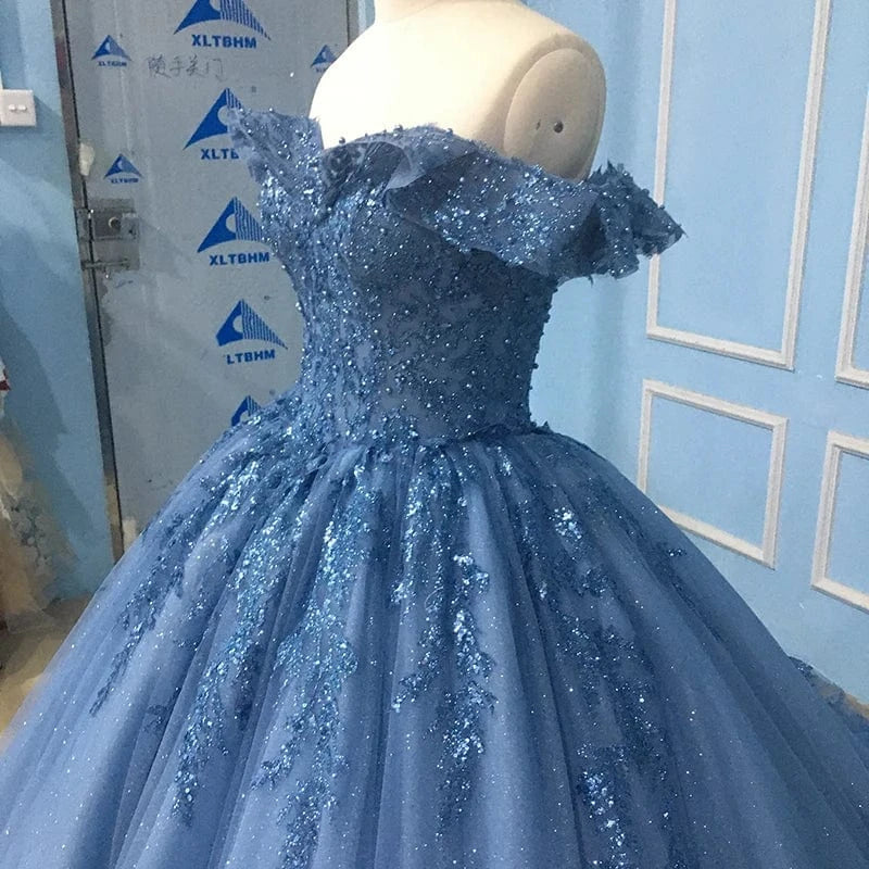 Glitter Elegant Blue Off Shoulder Bridal Ball Gown Evening Dress Jancember 9789-1