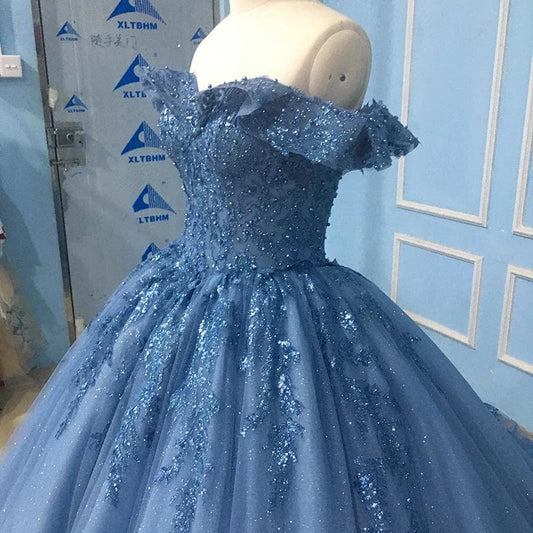 Glitter Elegant Blue Off Shoulder Bridal Ball Gown Evening Dress Jancember 9789-1