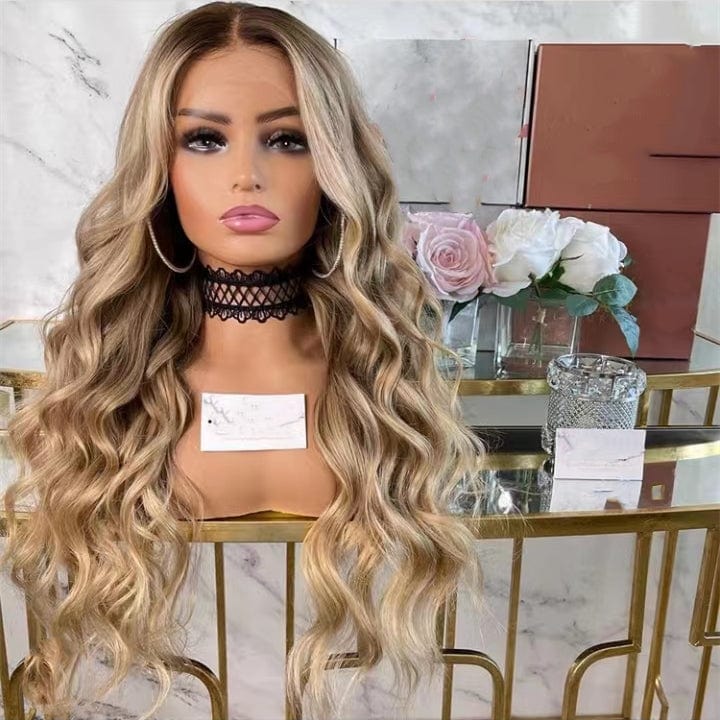 Glittering Double Drawn Full Wig Ombre Gold Color Straight Quality No TangleHuman Hair Lace Front Wigs With Light Brown Root