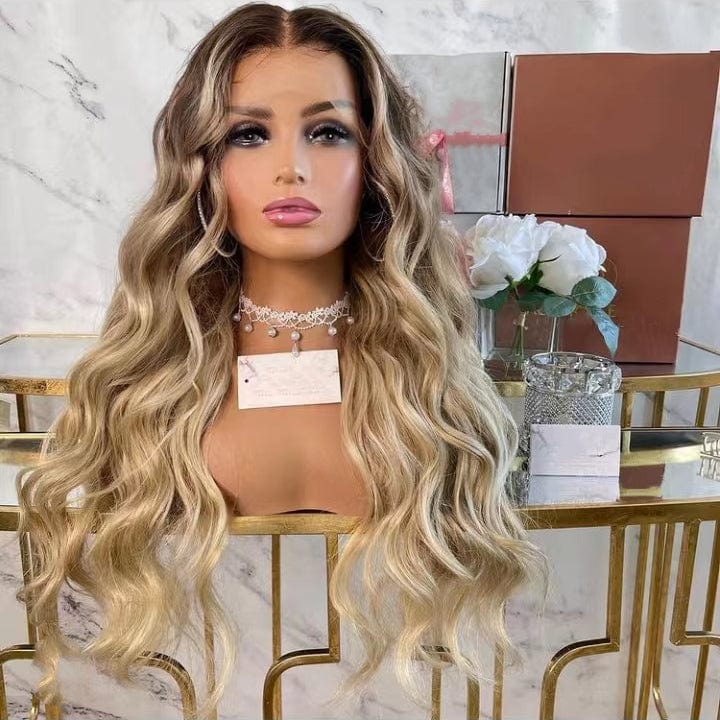 Glittering Double Drawn Full Wig Ombre Gold Color Straight Quality No TangleHuman Hair Lace Front Wigs With Light Brown Root