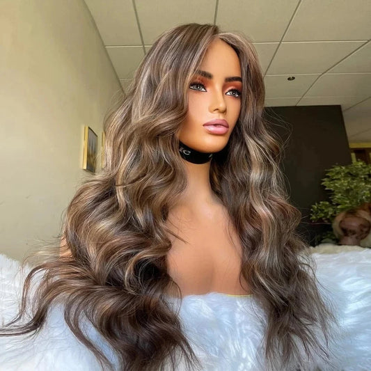Glueless 250% Density Ash Brown Highlight Body Wave Full Virgin European Cuticle Hair Transparent HD Lace Front Wigs