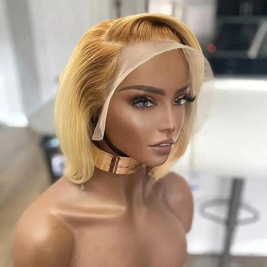 Glueless #613 Honey Brown Ombre Color Short Bob Wig Virgin Cuticle Aligned Brazilian Hair HD Lace Front Wigs