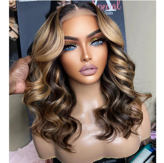 Glueless Blonde Brown Balayage Color Loose Wave Virgin Remy Cuticle Aligned Human Hair 5x5 Lace Closure Wigs