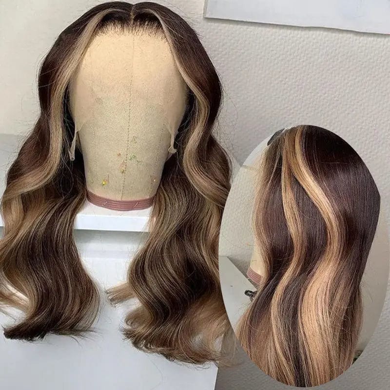 Glueless Brown Blonde Highlight Color Natural Wave Texture Pre Plucked Cuticle Aligned Lace Front Wigs