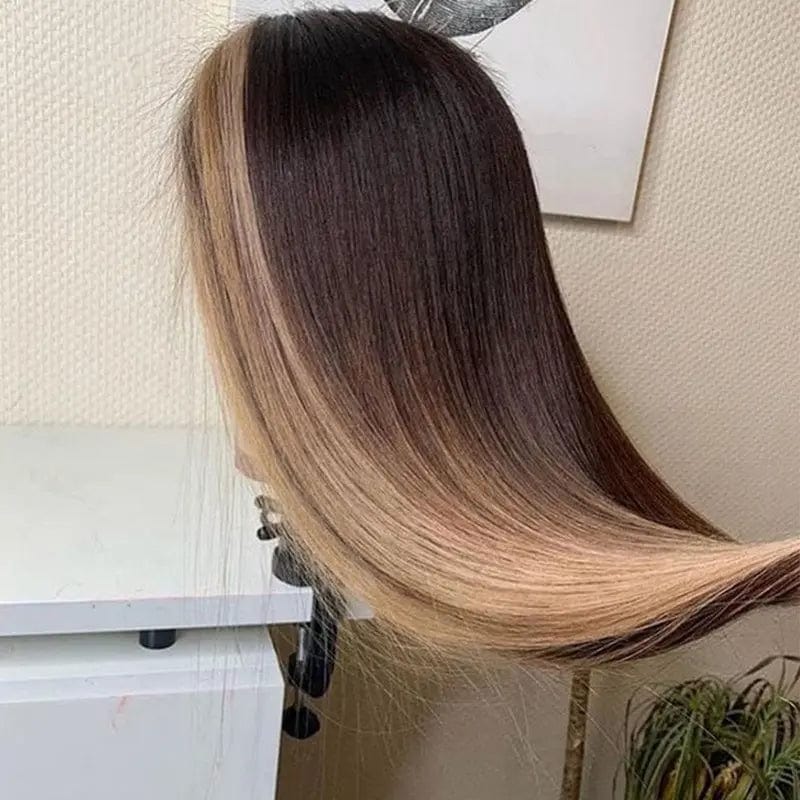 Glueless Brown Blonde Highlight Color Natural Wave Texture Pre Plucked Cuticle Aligned Lace Front Wigs