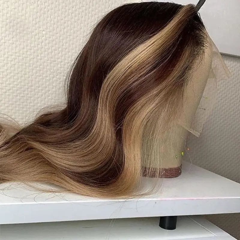 Glueless Brown Blonde Highlight Color Natural Wave Texture Pre Plucked Cuticle Aligned Lace Front Wigs