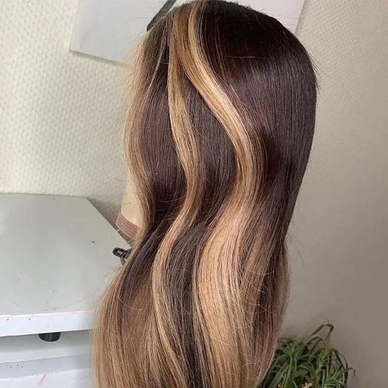 Glueless Brown Blonde Highlight Color Natural Wave Texture Pre Plucked Cuticle Aligned Lace Front Wigs