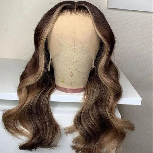 Glueless Brown Blonde Highlight Color Natural Wave Texture Pre Plucked Cuticle Aligned Lace Front Wigs