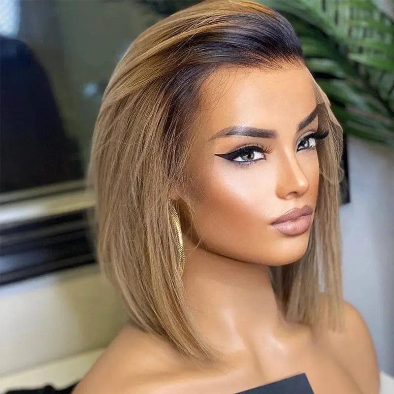 Glueless Cuticle Aligned Brown Highlight Color Straight Bob Cut Pixie Wig Pre Plucked Lace Front Wigs