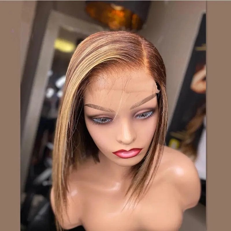 Glueless Cuticle Aligned Brown Highlight Color Straight Bob Cut Pixie Wig Pre Plucked Lace Front Wigs