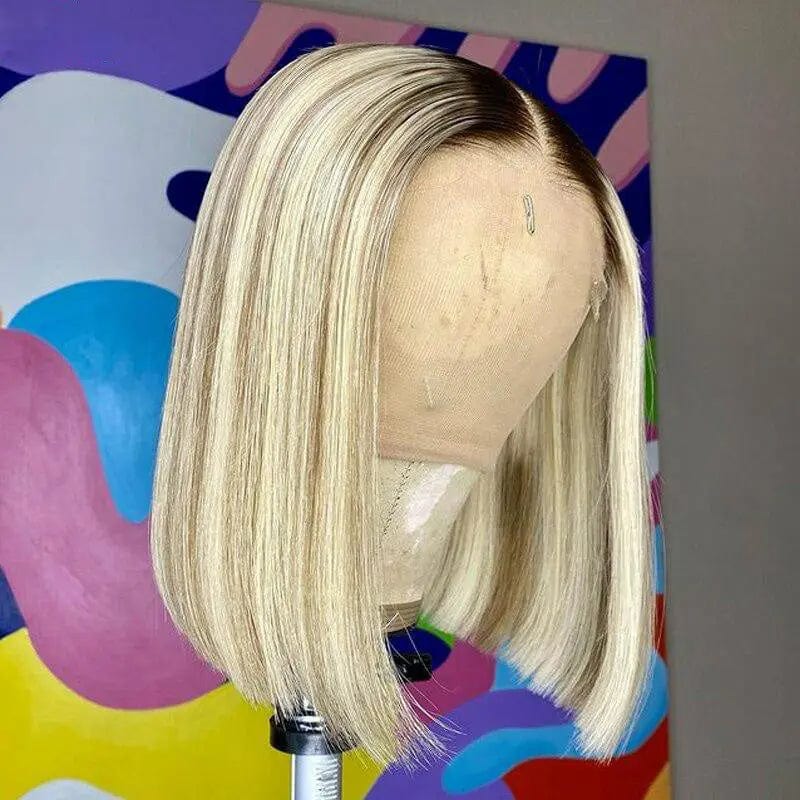 Glueless Cuticle Aligned Brown Highlight Color Straight Bob Cut Pixie Wig Pre Plucked Lace Front Wigs