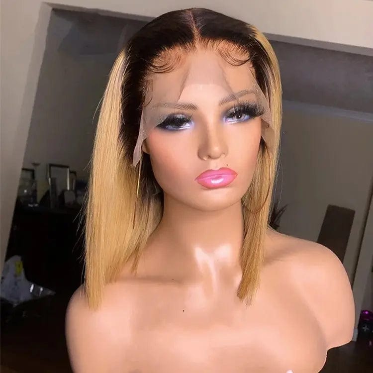 Glueless Cuticle Aligned Brown Highlight Color Straight Bob Cut Pixie Wig Pre Plucked Lace Front Wigs