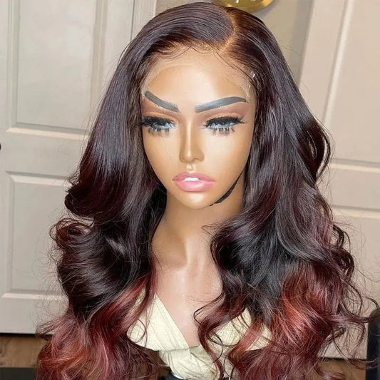 Glueless High Quality Black Red Ombre Color Body Wave Wig Pre Plucked With Baby Hair Virgin Lace Front Wigs