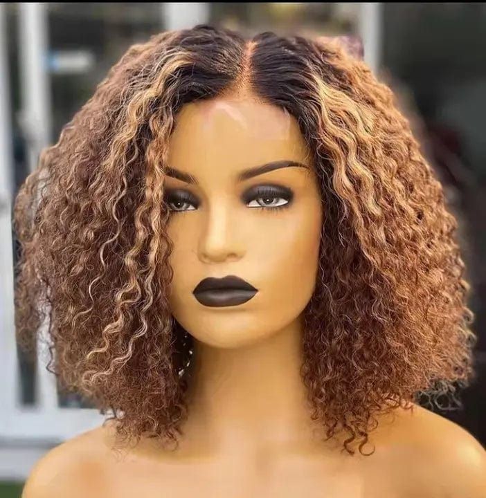Glueless Kinky Curly Black Brown Highlight Color Wig Cuticle Aligned Pre Plucked Virgin Lace Front Wigs