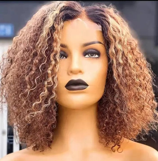 Glueless Kinky Curly Black Brown Highlight Color Wig Cuticle Aligned Pre Plucked Virgin Lace Front Wigs