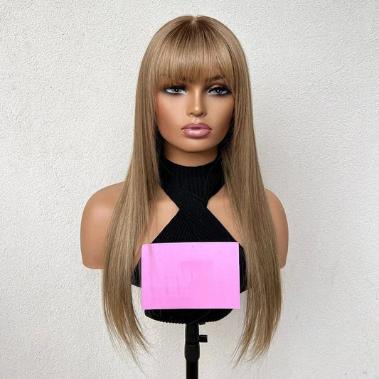 Glueless Middle Part Ash Brown Color Long Straight Virgin European Cuticle Aligned Human Hair Swiss Lace Front Wigs With Bang