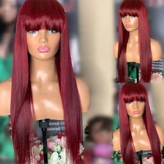 Glueless Red Wine Color Pre Plucked With Bangs Straight Vietnam Human Hair Cuticle Aligned Lace Front Wigs