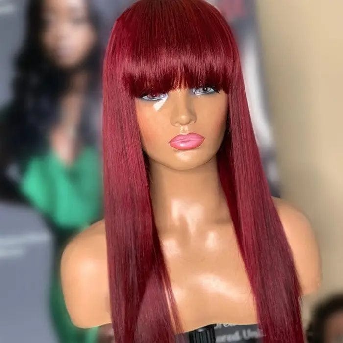 Glueless Red Wine Color Pre Plucked With Bangs Straight Vietnam Human Hair Cuticle Aligned Lace Front Wigs