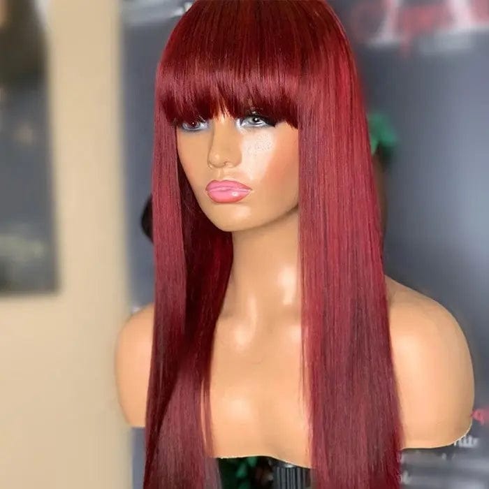 Glueless Red Wine Color Pre Plucked With Bangs Straight Vietnam Human Hair Cuticle Aligned Lace Front Wigs