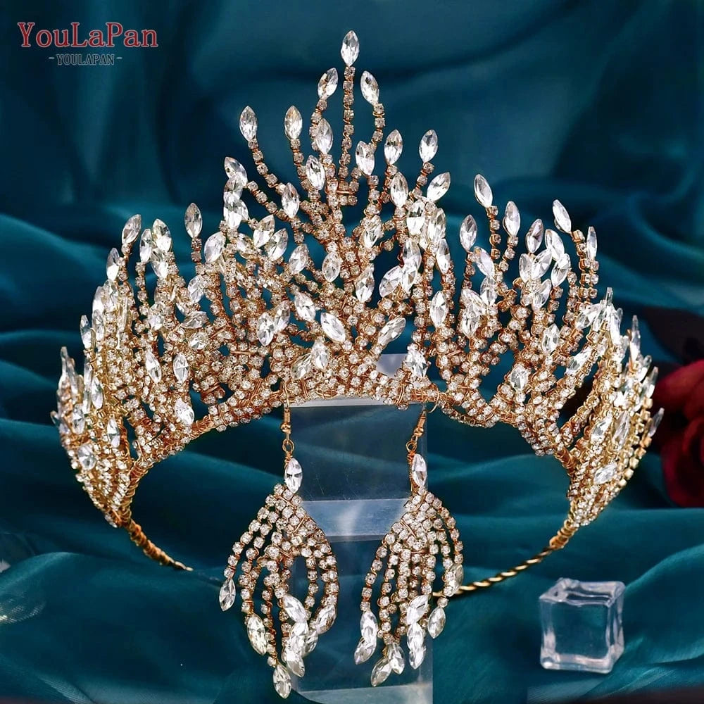 gold (1 Crown+1 Earring) YouLaPan HP374 Luxurious Shiny Rhinestone Headband Earring Set Wedding Accessories Women Pageant Crown Bridal Tiara