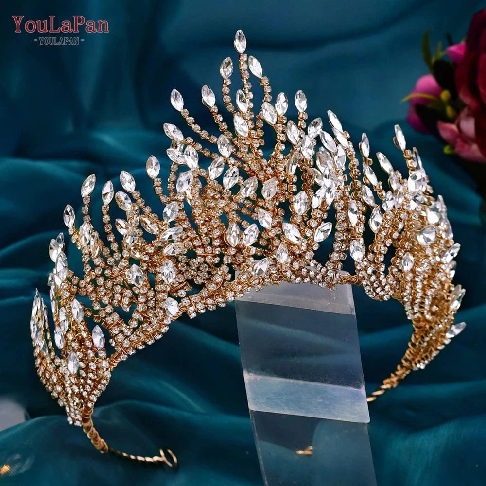 gold ( 1 Crown) YouLaPan HP374 Luxurious Shiny Rhinestone Headband Earring Set Wedding Accessories Women Pageant Crown Bridal Tiara
