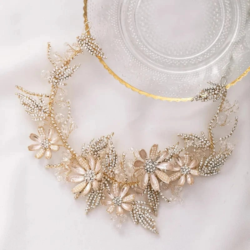 Gold Bridal Gold Wired Rhinestone Pearl Beads Leaf Flower Headbands for Women Wedding Hair Accessories